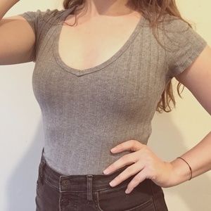 Bozzolo Grey Ribbed Crop Top with Scoop Neck